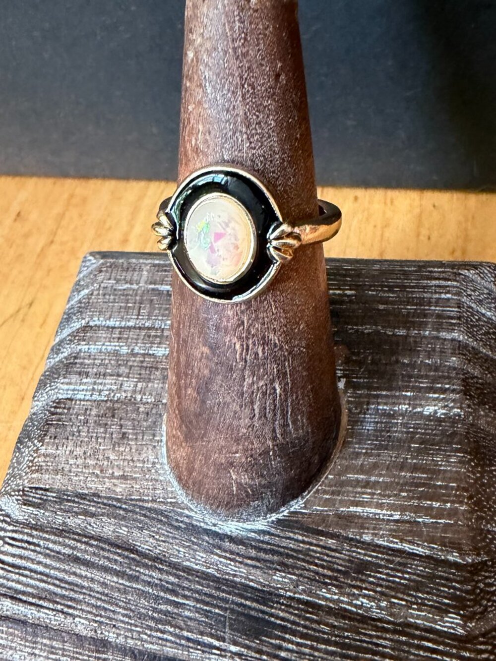 J.Crew Black Oval Iridescent Gold Tone Victorian Style Statement Ring